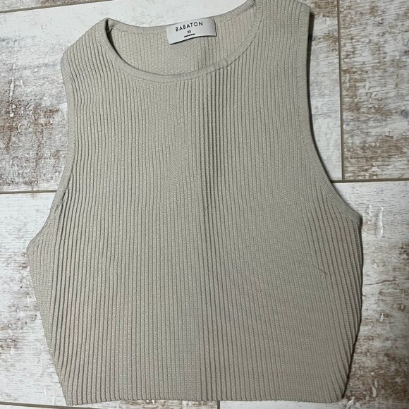 Aritzia Babaton Ribbed High Neck Beige Crop Top - Picture 1 of 3